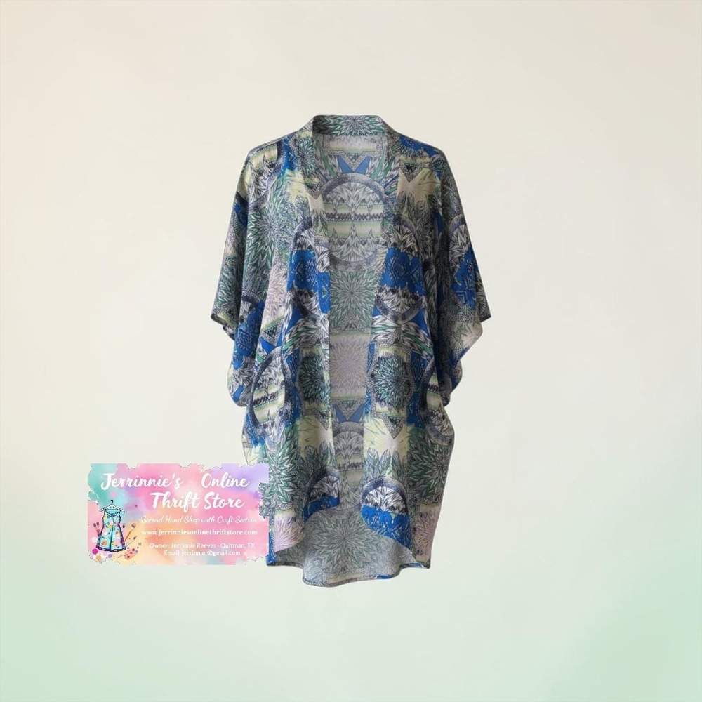 Valerie Stevens Womens XL Blue Green Geometric Print Kimono Open Front Cardigan‎
